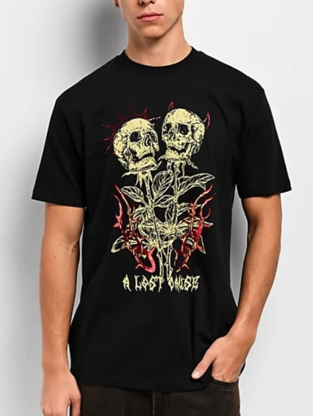 Lost Black Short-Sleeve Tee with Skull & Floral Graphic